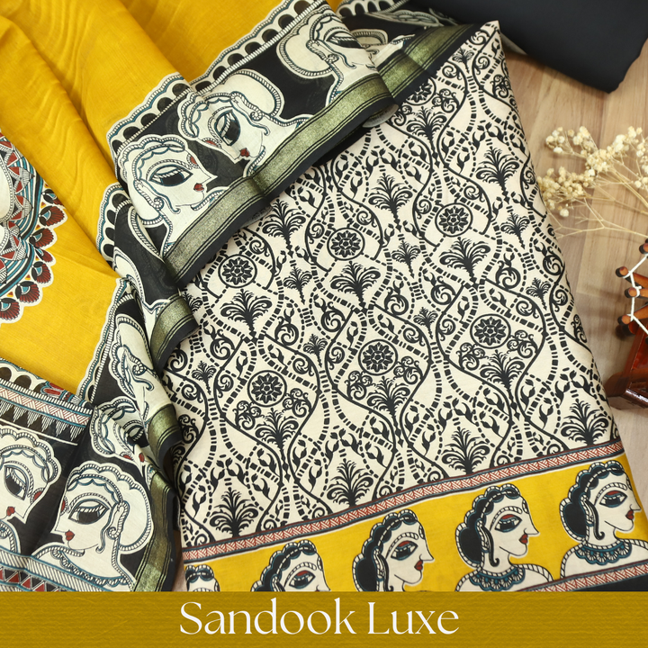 Parineeti Shell Beige with Yellow Kalamkari Print Maheswari Chanderi Set