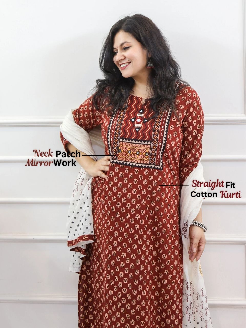Chaahat Barn Red Kutch Mirror Neck Work Print Cotton 3 Piece Set-D8