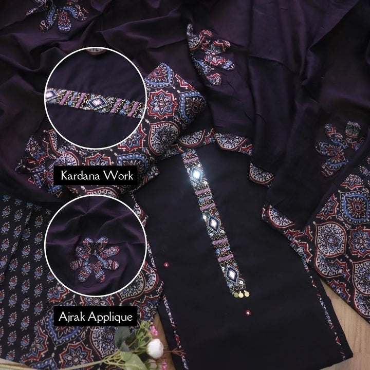 Aafreen Black Moti with Kardana Detailing Neck Cotton Suit with Black Bottom