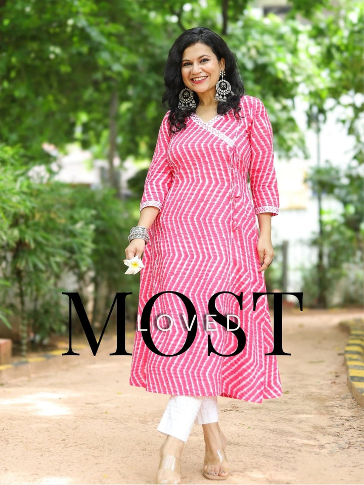 Barkha Flamingo Pink  Angrakha Neck In leheriya Printed Cotton Kurti