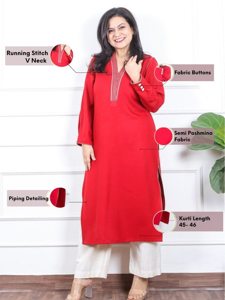 छाया Vermillion Red Running Thread Neck Work Semi Pashmina Winter Kurti