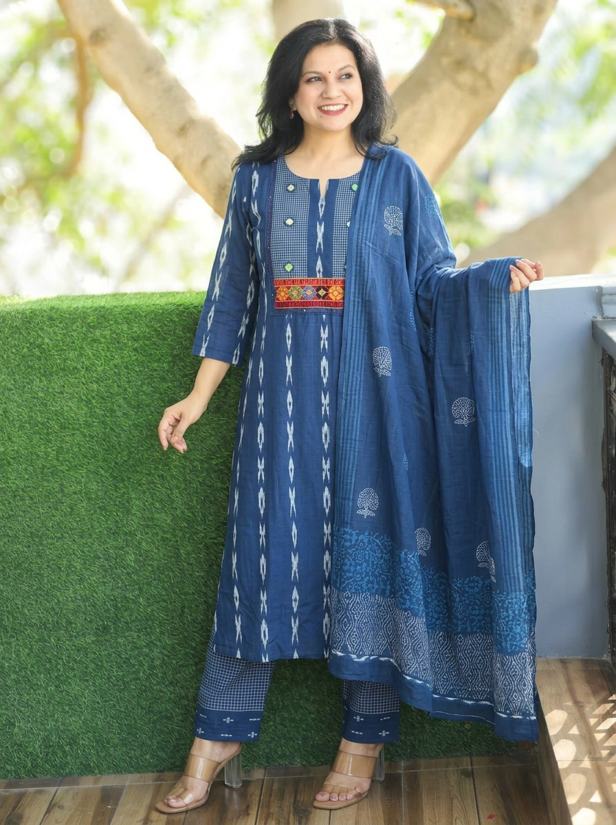 Radhika Navy Blue Mirror Embroidered Cotton 3 Piece Set