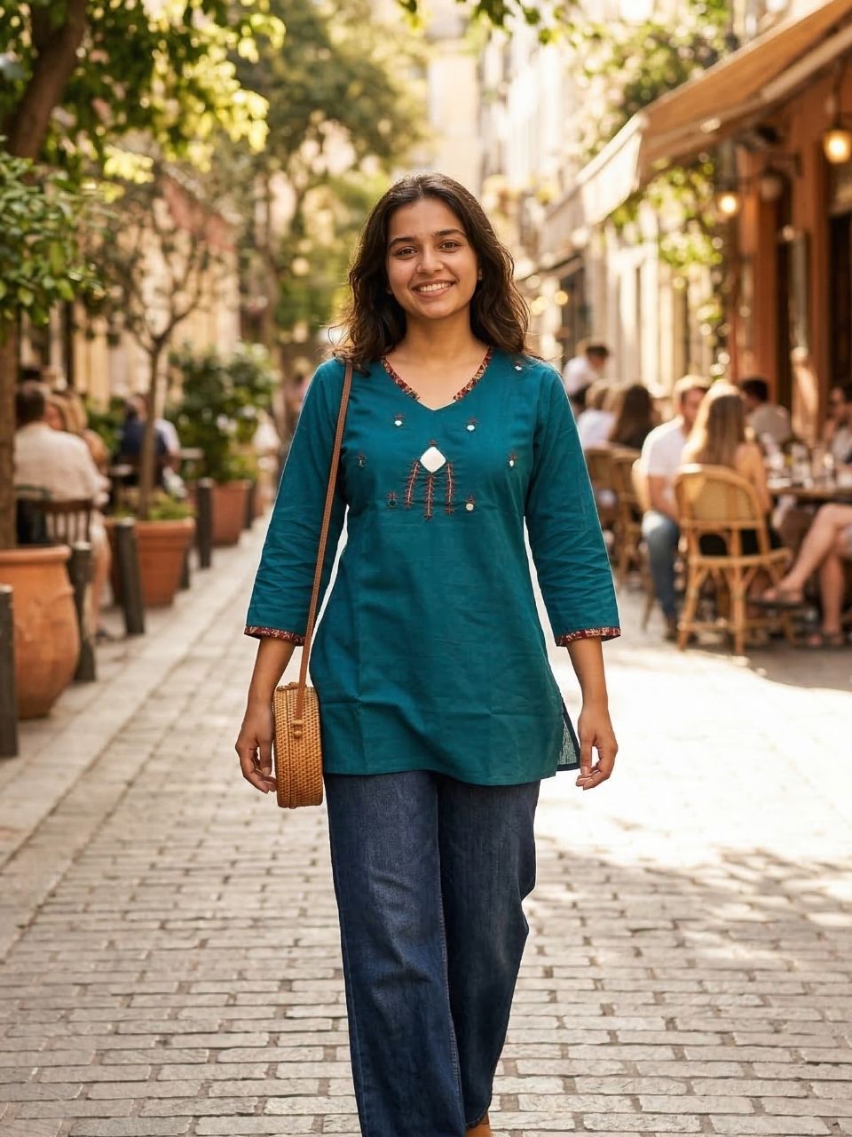 Shelly Teal Mirror Cotton Short Kurti