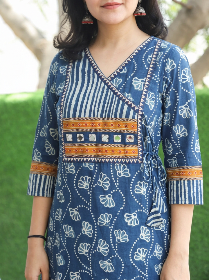 Siya Denim Blue Angrakha Dabu Cotton Kurti
