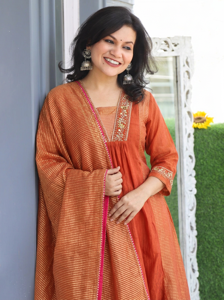 Shanya Tang Rust Embellish Panel Style Tissue Chanderi Set