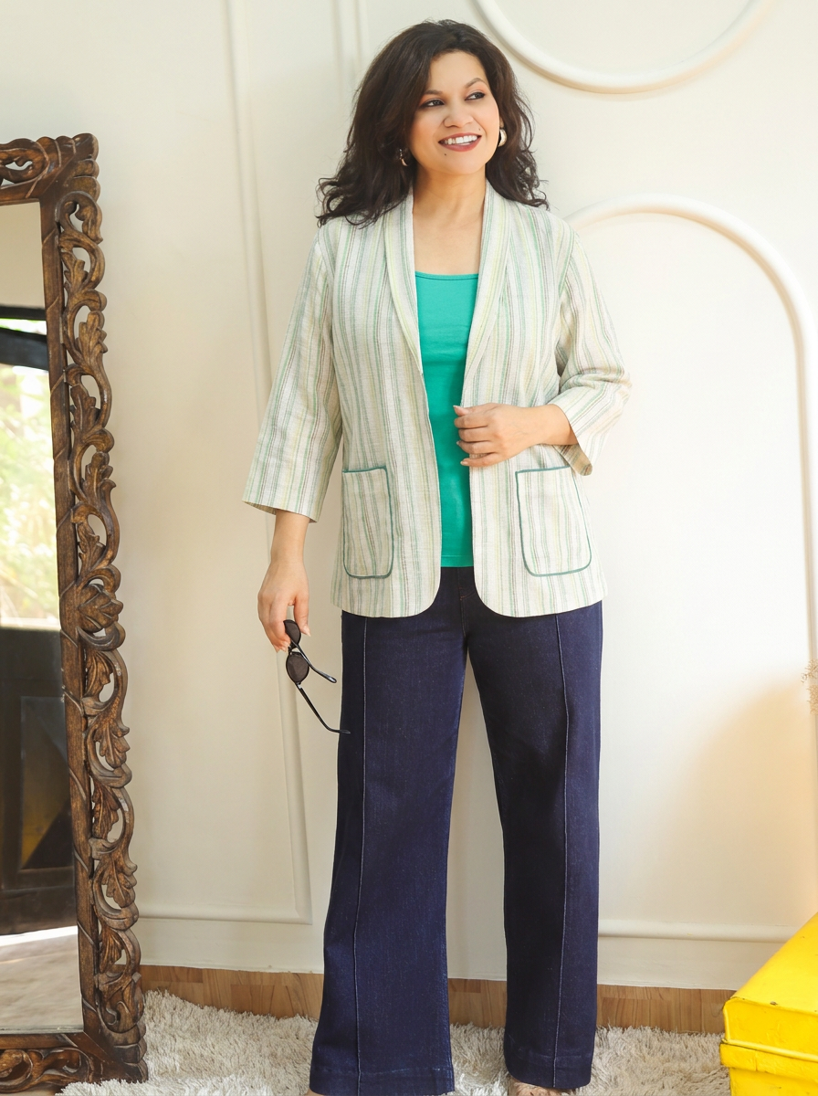 Selena White Mint Check Print Cotton Blazer