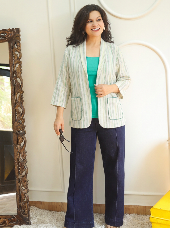 Selena White Mint Check Print Cotton Blazer