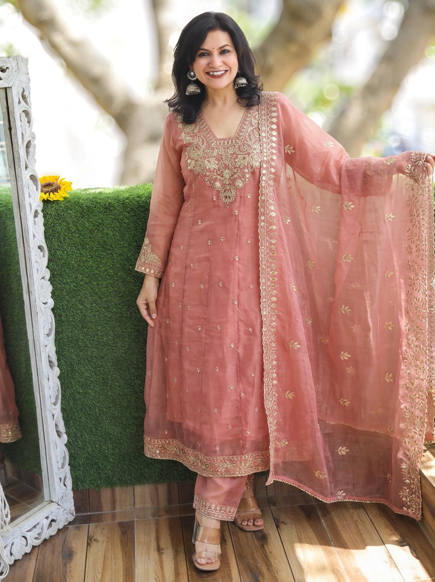 Laavanya Gajri Peach Gota Patti Work Shimmer Organza 3 Piece Set