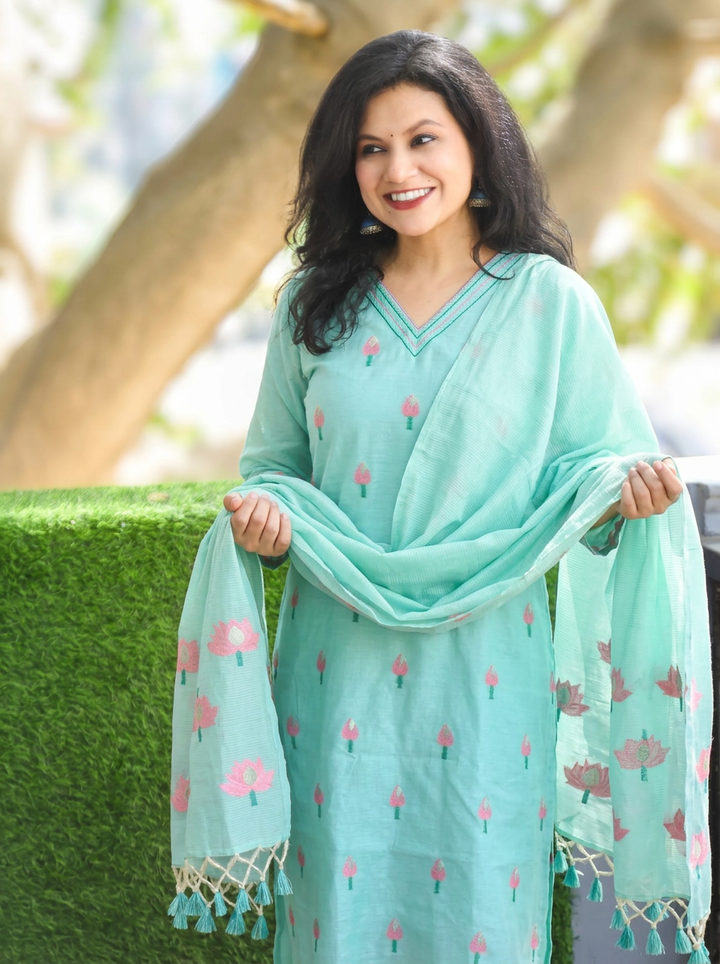 Roohi Aqua Floral Jamdani Weaved 3 PIece Set