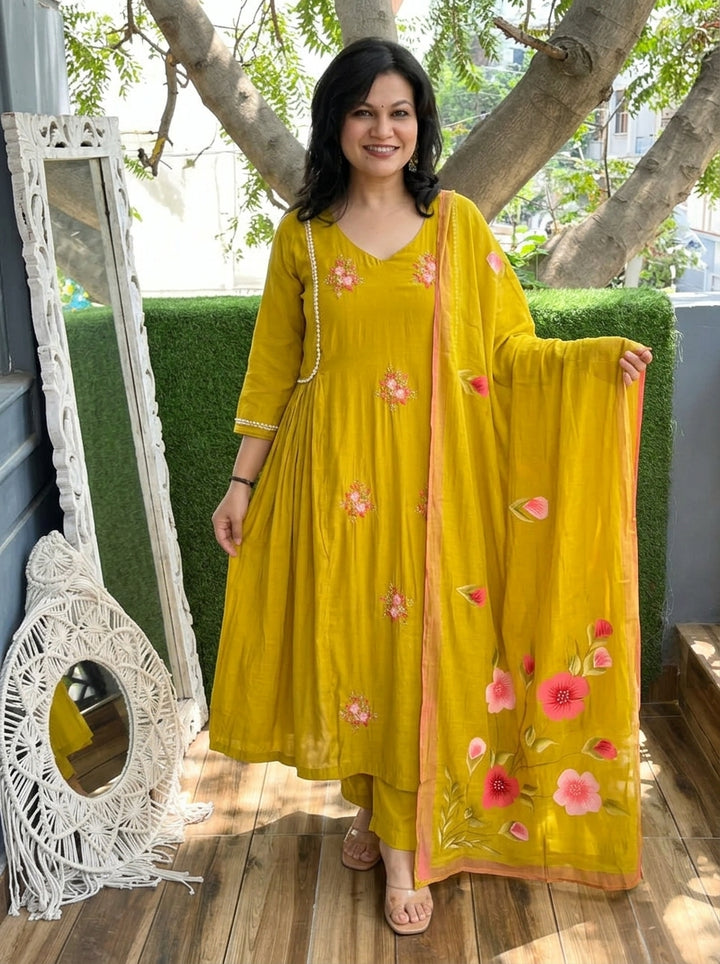 Meher Lemon Yellow Moti Kardana Work Mul Chanderi 3 Piece Set