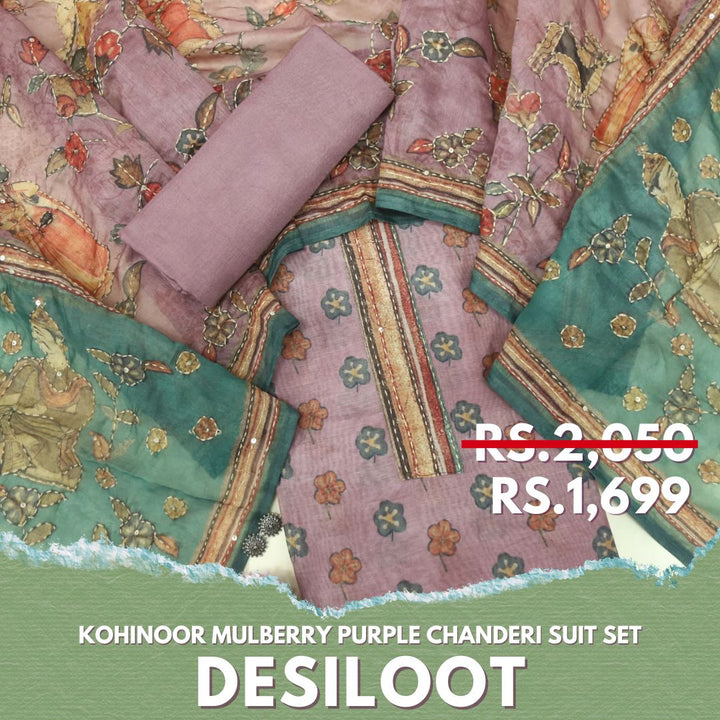 Kohinoor Mulberry Purple Floral Pichwai Print Chanderi Suit Set