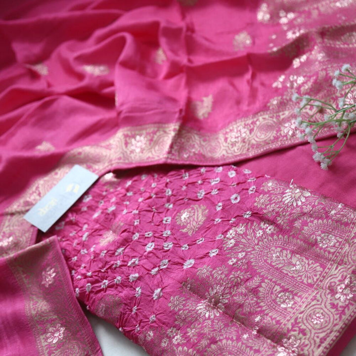 Rani Pink Bandhej Dola Silk Top and Dupatta