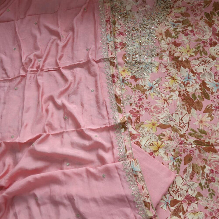 Taffy Pink Floral Muslin Printed Top and Dupatta Set
