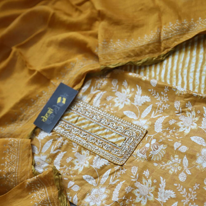 Medallion Yellow Printed Cotton Top with Leheriya Bottom and Dupatta Set