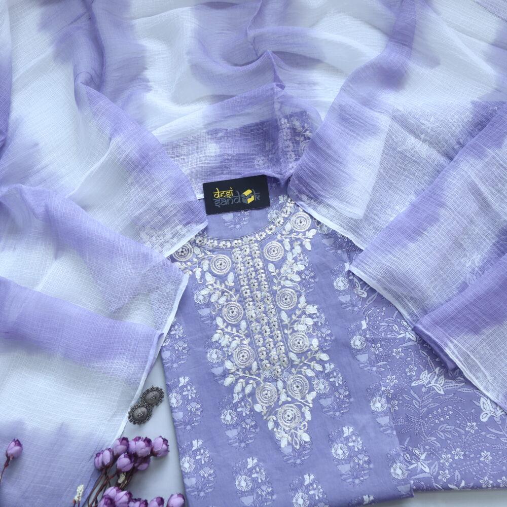 Orchid Purple Printed Cotton Top with Tie and Dye Kota Dupatta Set