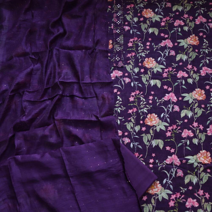 Dark Purple Printed Cotton Linen Top and Dupatta Set