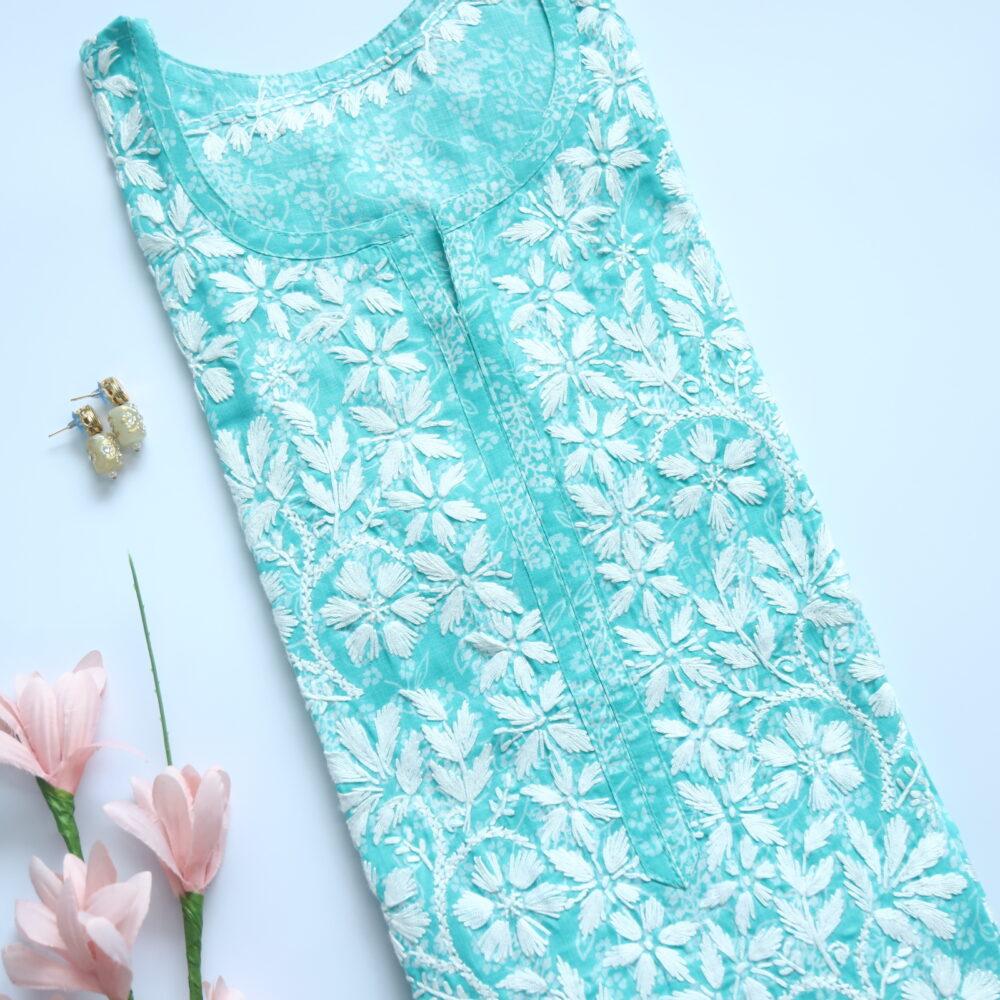 Sea Green Chikankari Work Cotton Kurti