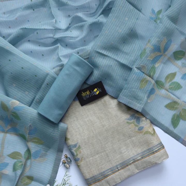 Khaki Beige Authentic Jamdani Weaved Top with Blue Stripe Weaved Dupatta Set