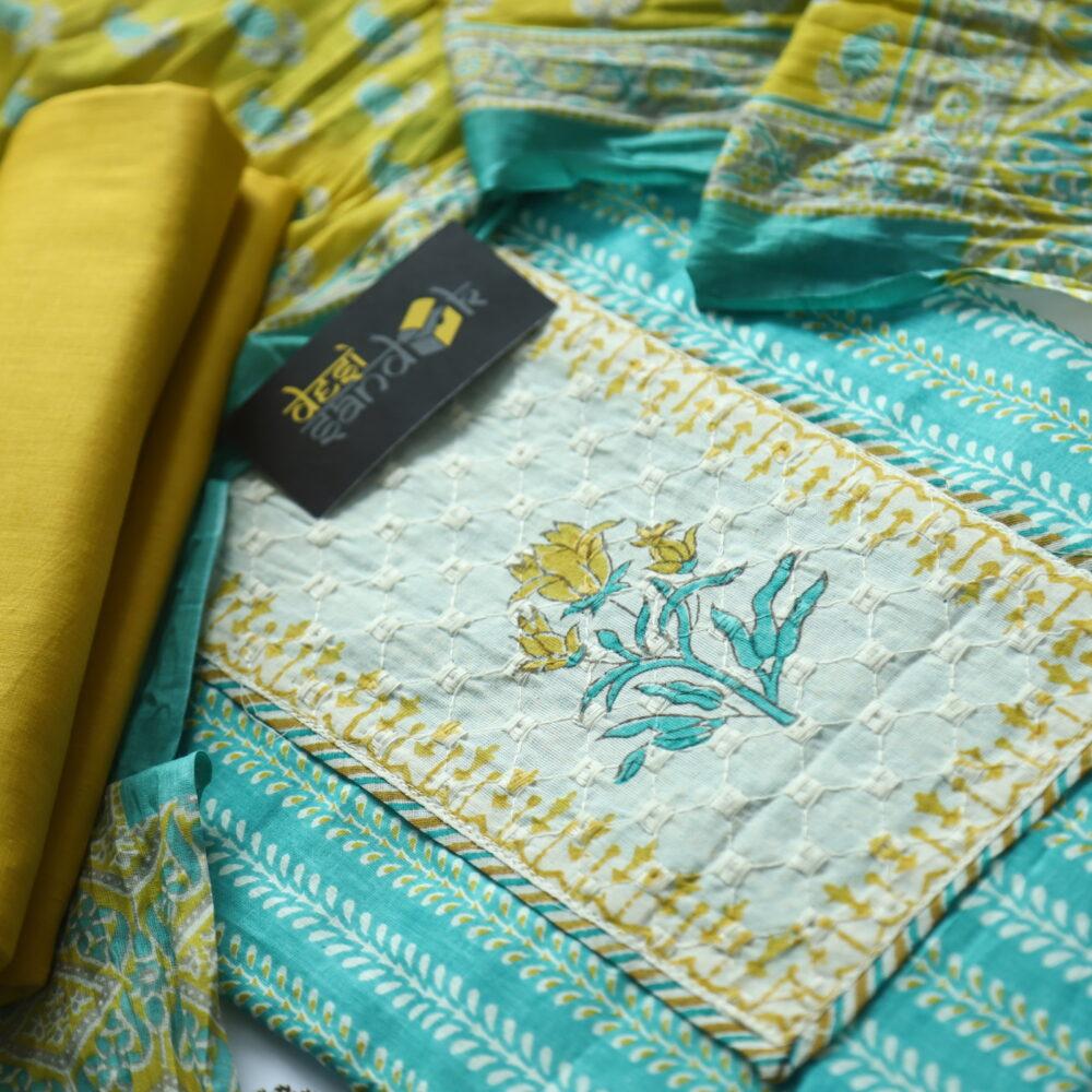 Teal Green Cotton Printed Top with Yellow Printed Dupatta set