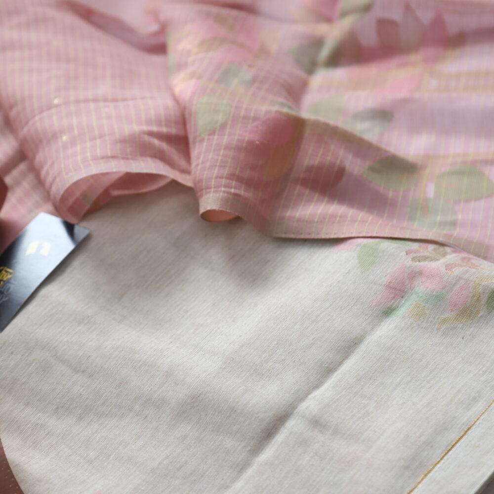 Khaki Beige Authentic Jamdani Weaved Top with Dusty Pink Stripe Weaved Dupatta Set