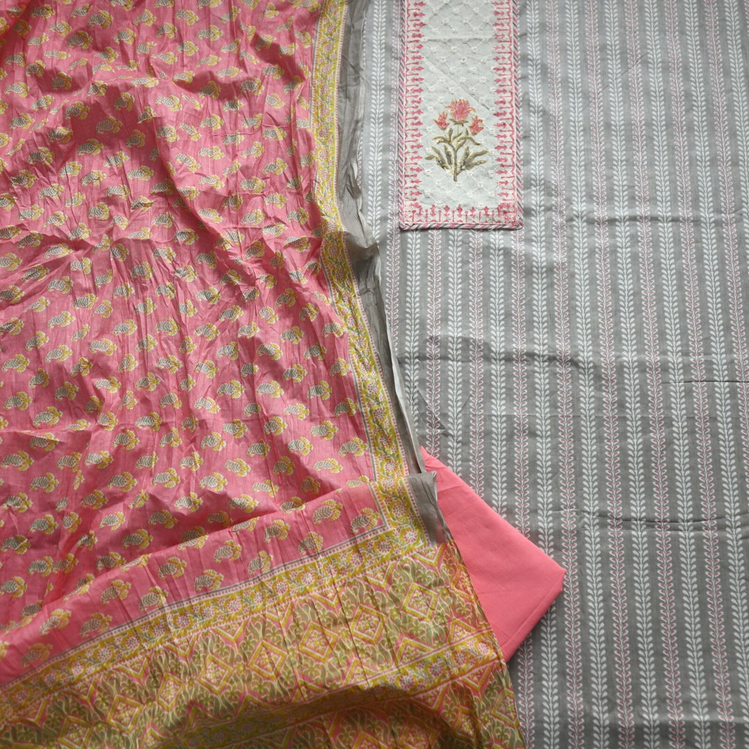 Fog Grey Cotton Printed Top with Pink Printed Dupatta set
