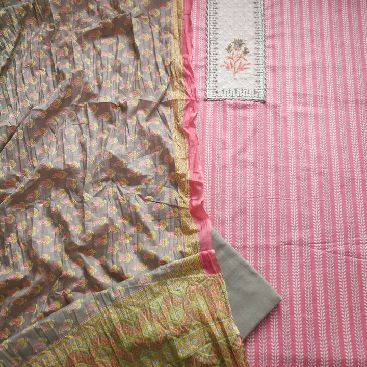 Pink Cotton Printed Top with Grey Printed Dupatta set