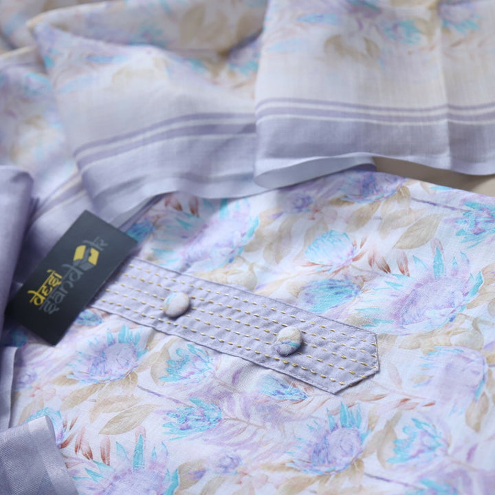 Light Purple with cream Base Floral Printed Cotton Linen Top and Dupatta Set