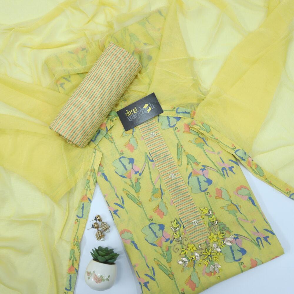 Sunshine Yellow Printed Cotton Top and Bottom with Plain Chiffon Dupatta Set