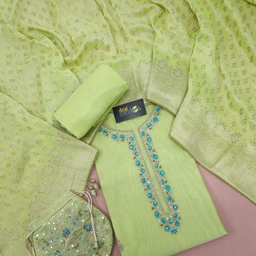 Mint Green Chanderi Top and Banarasi Dupatta Set With Potli Bag