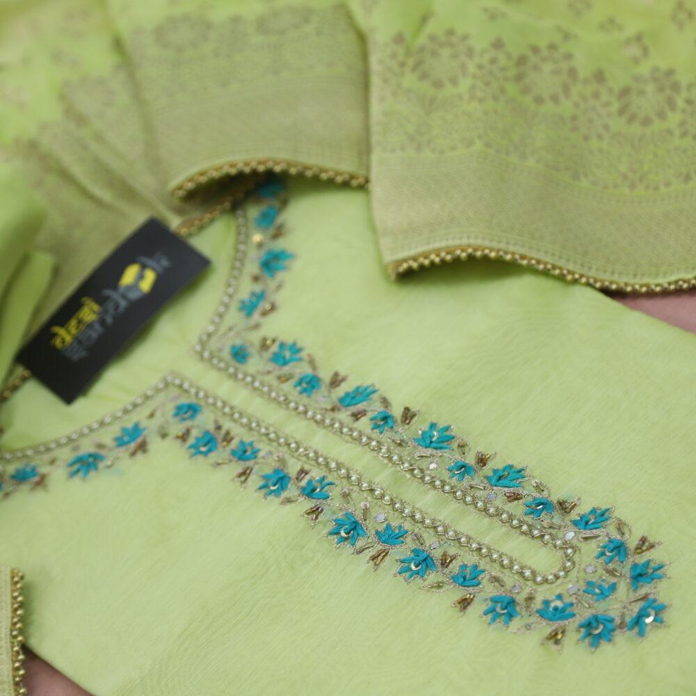 Mint Green Chanderi Top and Banarasi Dupatta Set With Potli Bag