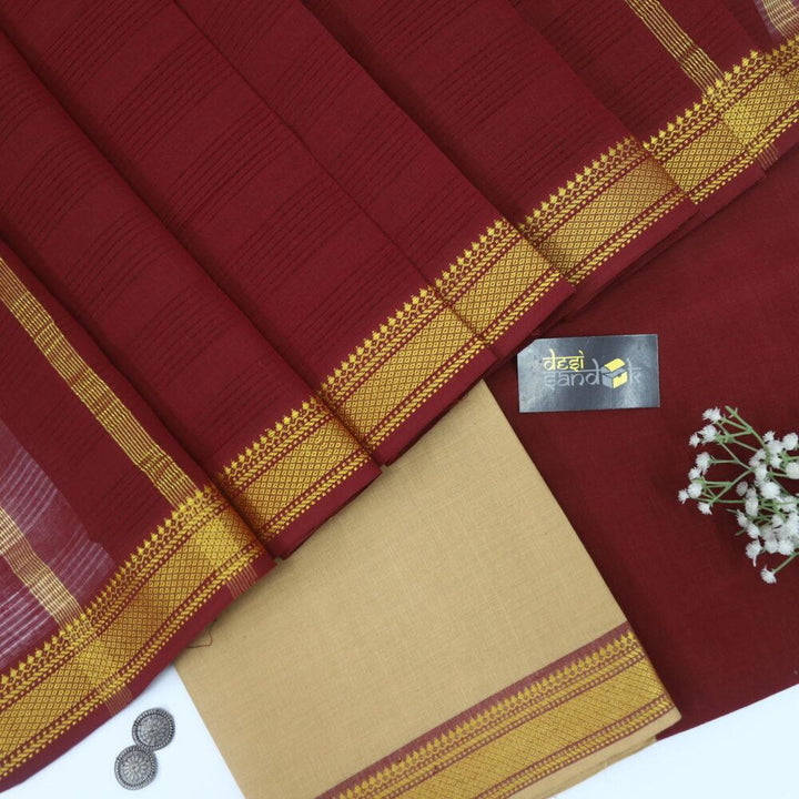 Tan Beige South Cotton Top with Mangalgiri Hem with Wine Dupatta