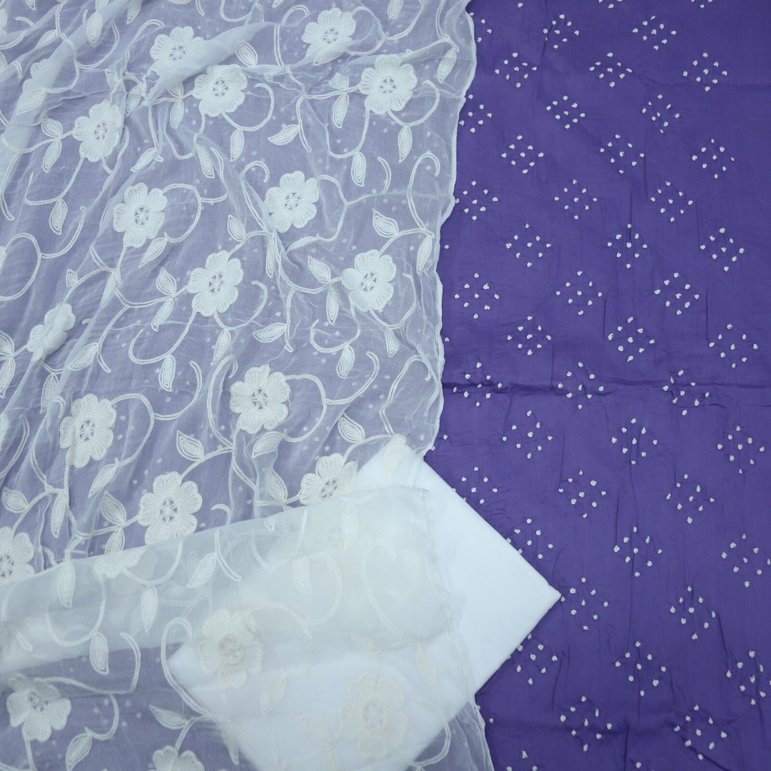 French Violet French Knot Cotton Top with All Over Thread Work Chiffon Dupatta Set