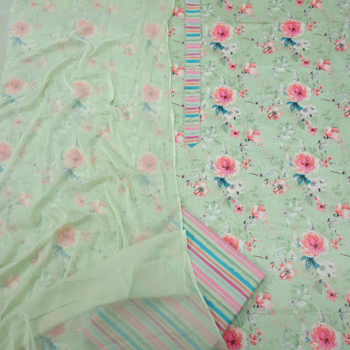 Mint Green Floral Digital Printed Cotton Linen Top and Chiffon Dupatta