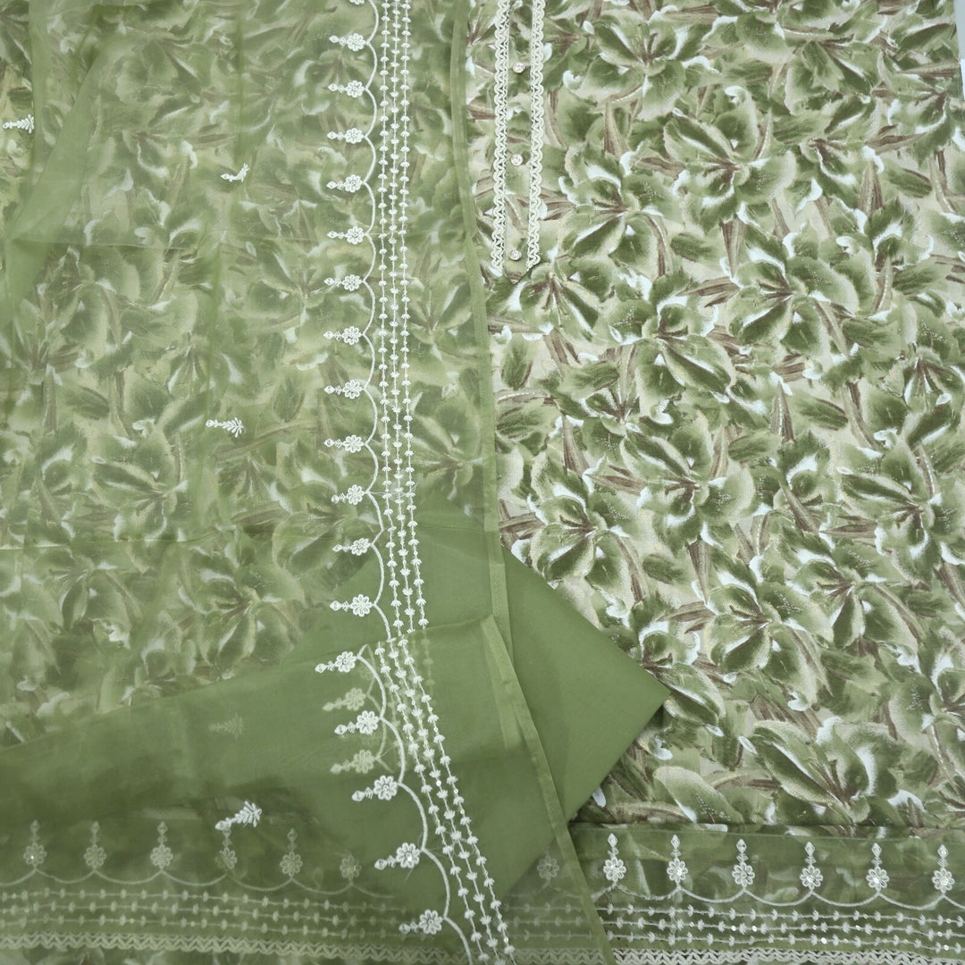 Olive Green Printed Foil Highlight Cotton Top with Organza Dupatta Set