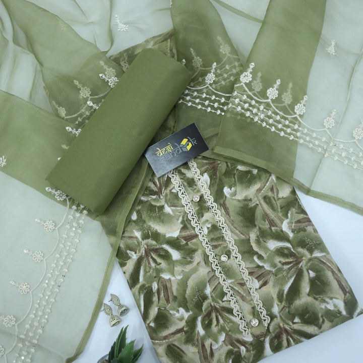 Olive Green Printed Foil Highlight Cotton Top with Organza Dupatta Set