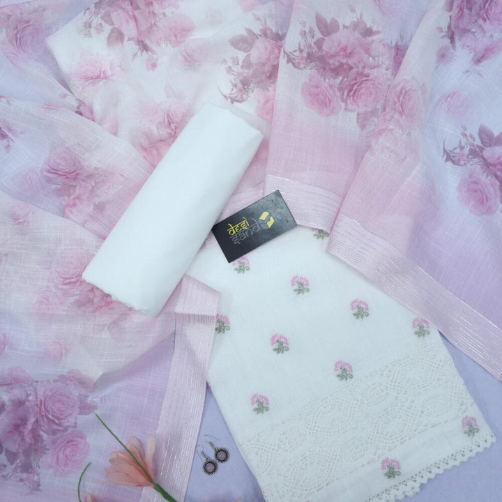 Pearl White Cotton Linen Top with Light Pink Digital Printed Dupatta Set