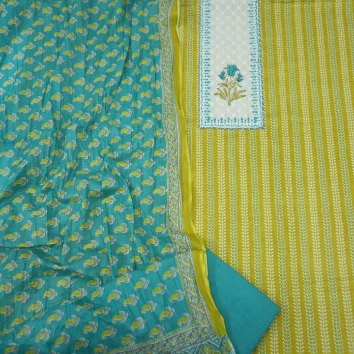 Yellow Cotton Printed Top with Teal Green Printed Dupatta set