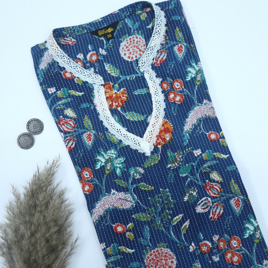 Navy Blue Printed Kantha Work Kurti