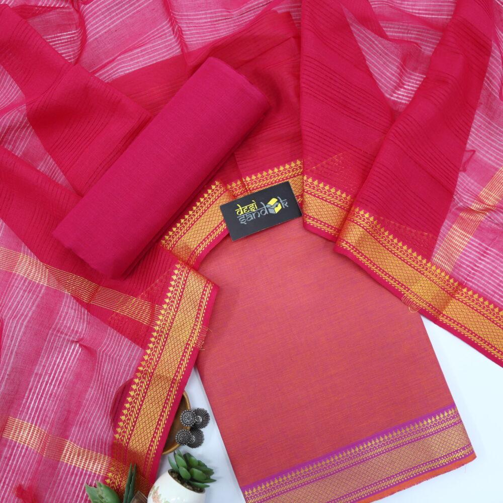 Orange South Cotton Top with Mangalgiri Hem with Cerise Pink Dupatta