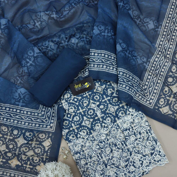 Denim Blue Digital Printed Chanderi Top and Dupatta Set with Thread Work
