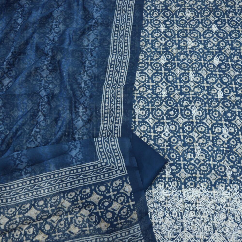 Denim Blue Digital Printed Chanderi Top and Dupatta Set with Thread Work