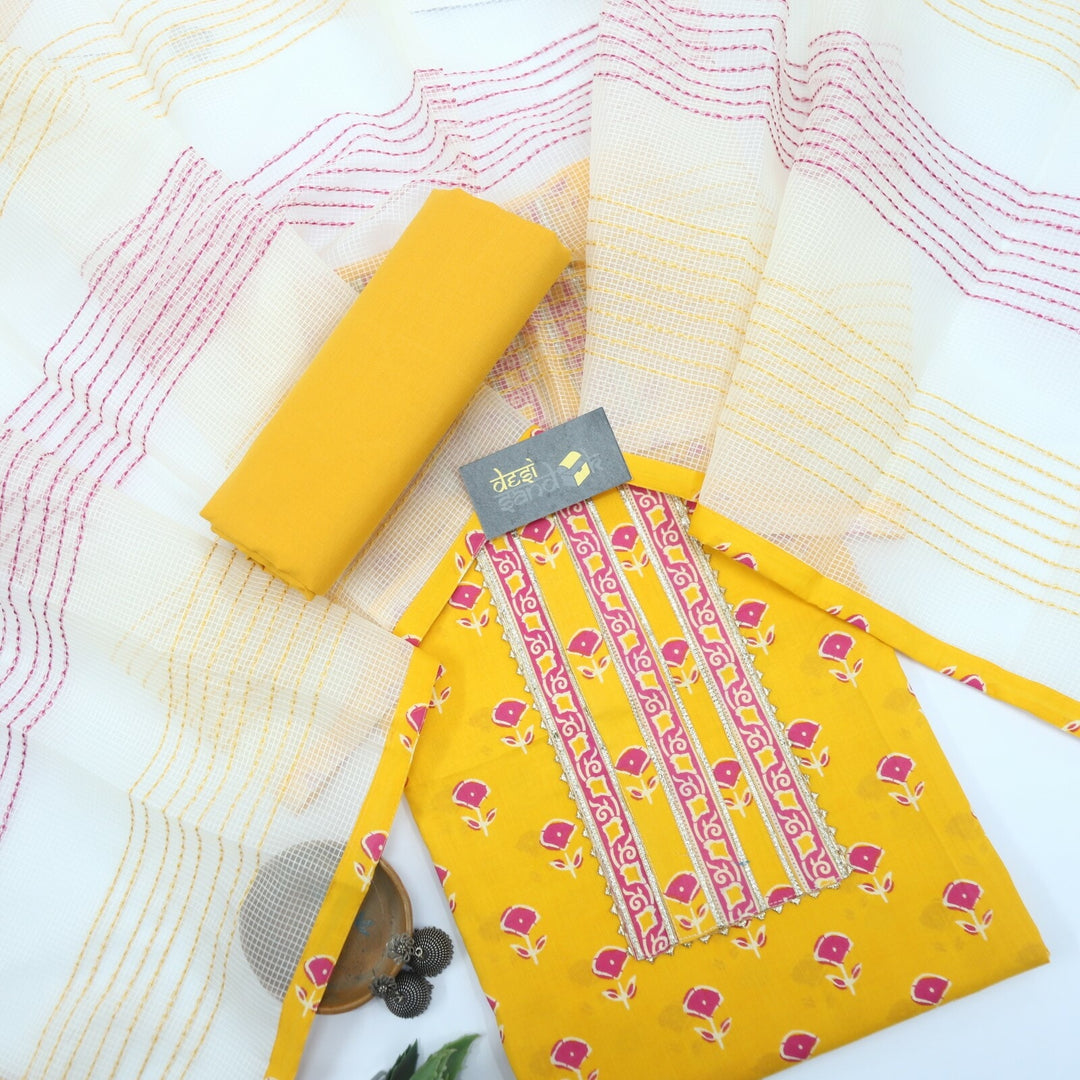 Sunflower Yellow Printed Gota Detailing with Super net Dupatta Set