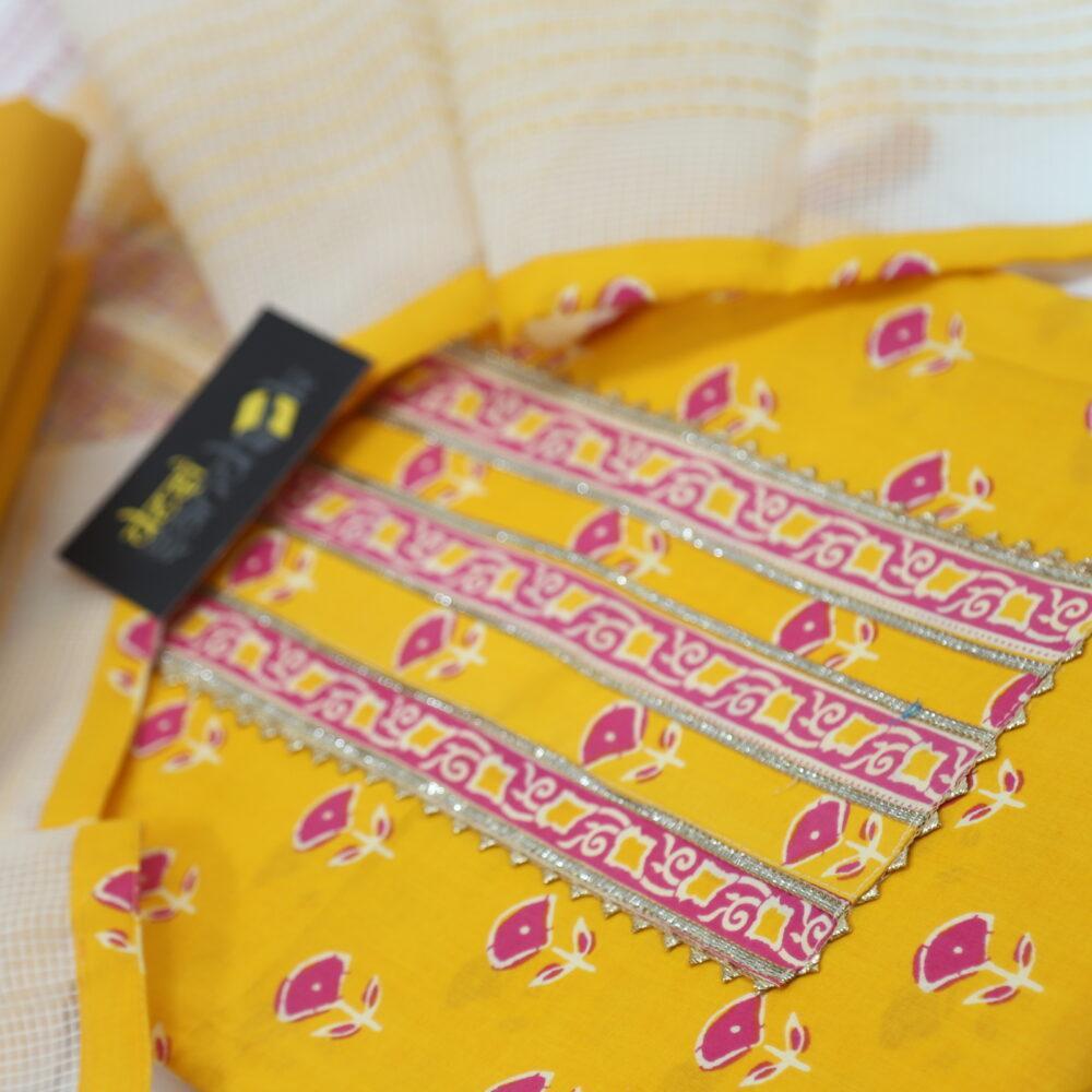 Sunflower Yellow Printed Gota Detailing with Super net Dupatta Set