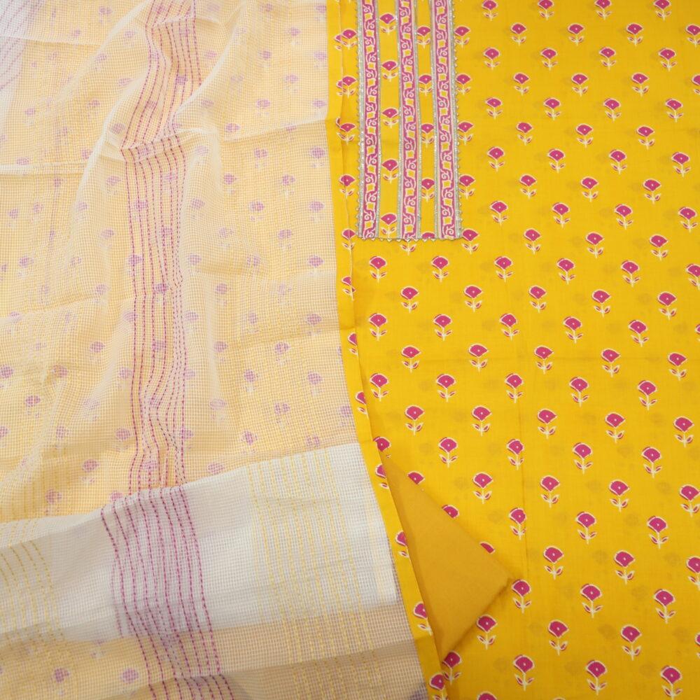 Sunflower Yellow Printed Gota Detailing with Super net Dupatta Set