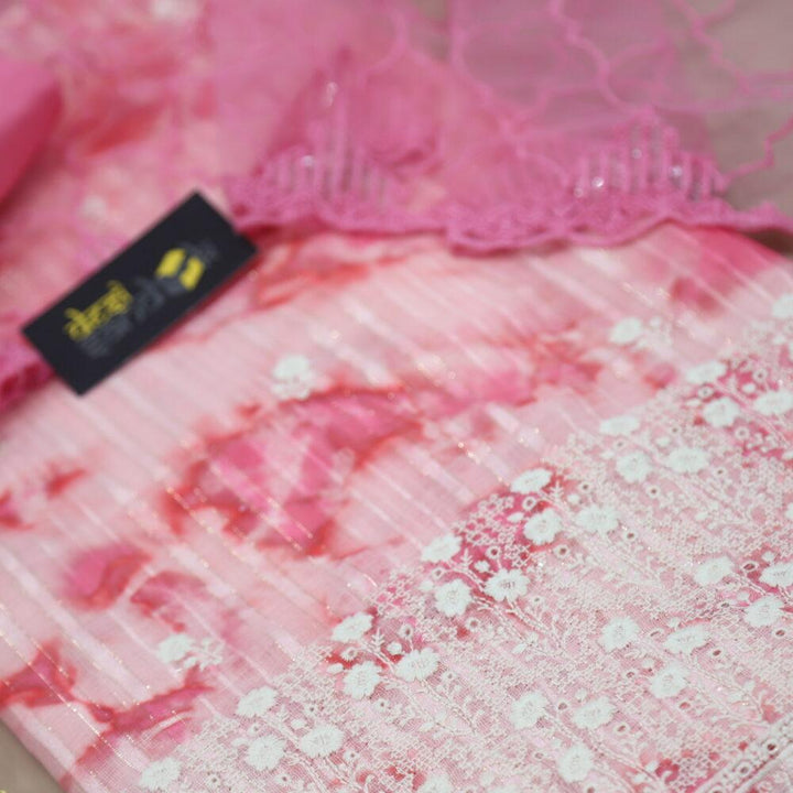 Pink Tie and Dye Linen Top with Net Dupatta Set