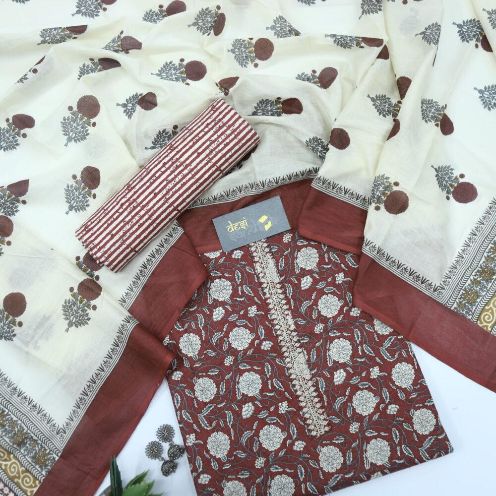 Garnet Red Printed Cotton Top with Off white Printed Dupatta Set