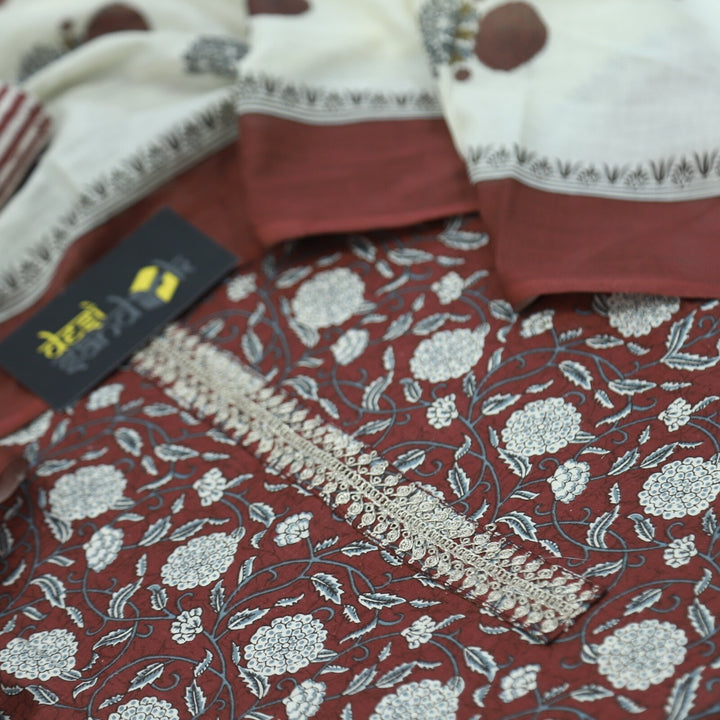 Garnet Red Printed Cotton Top with Off white Printed Dupatta Set