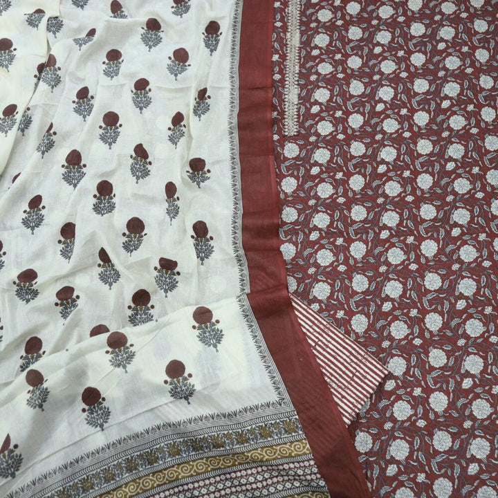 Garnet Red Printed Cotton Top with Off white Printed Dupatta Set