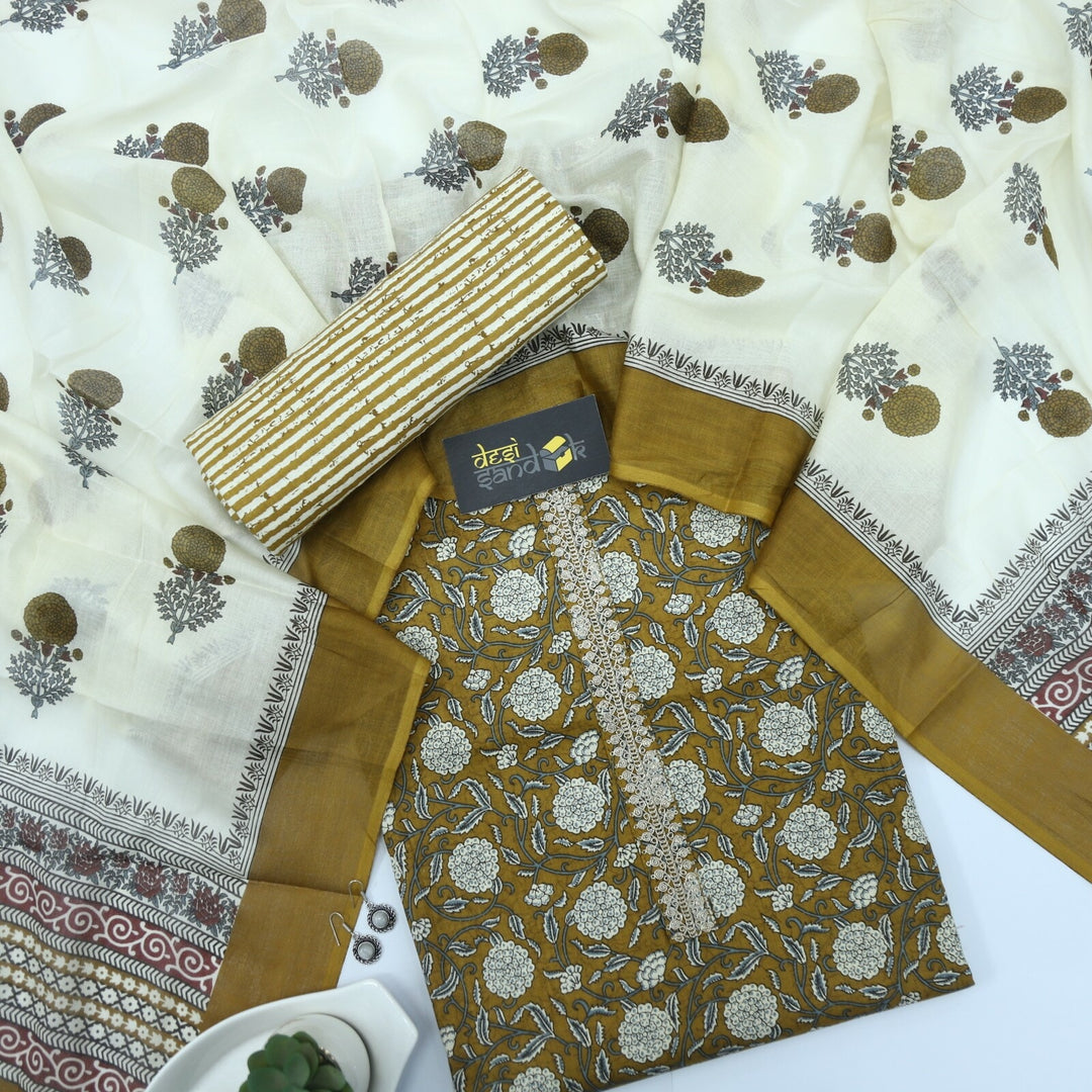 Peanut Brown Printed Cotton Top with Off white Printed Dupatta Set