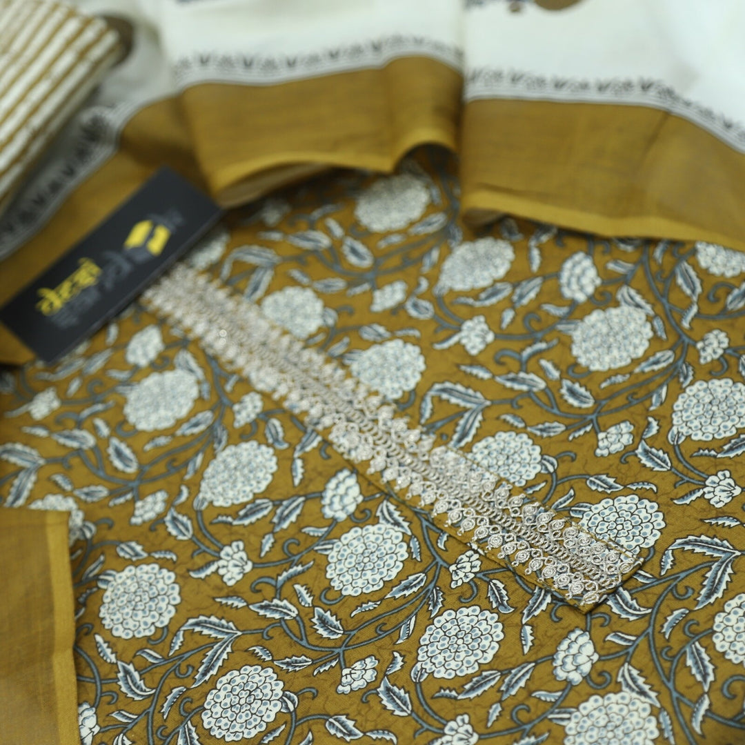 Peanut Brown Printed Cotton Top with Off white Printed Dupatta Set